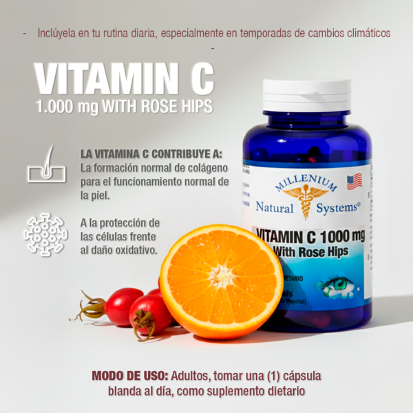Vitamina C 1000 mg Rose Hips 100 Softgels